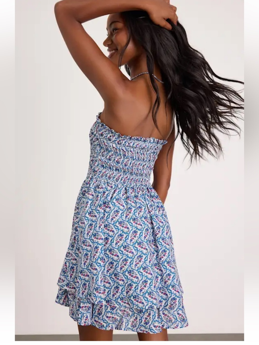 Lulus Carson Ivory and Blue Geometric Print Smocked Mini Dress - Picture 3 of 3
